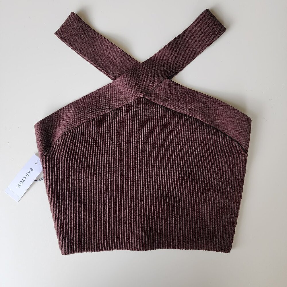 Aritzia Babaton NWT Criss Cross Halter Sculpt Knit Tank in Color Brown